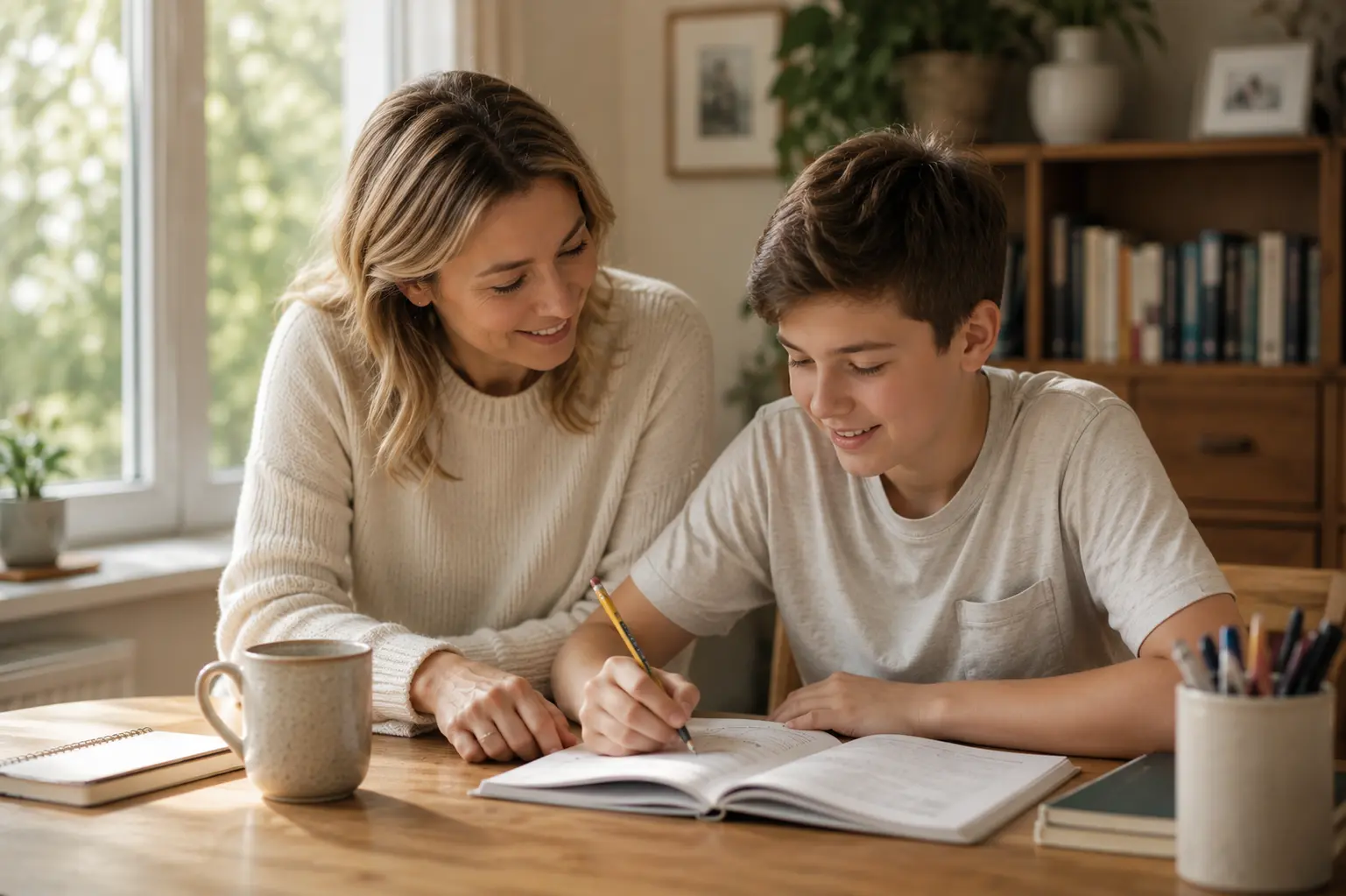 Mother helping son with homework